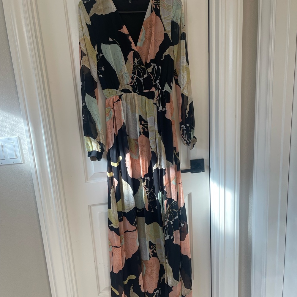 Lulu's Black and Pastel Leaf Long Sleeve Dress
